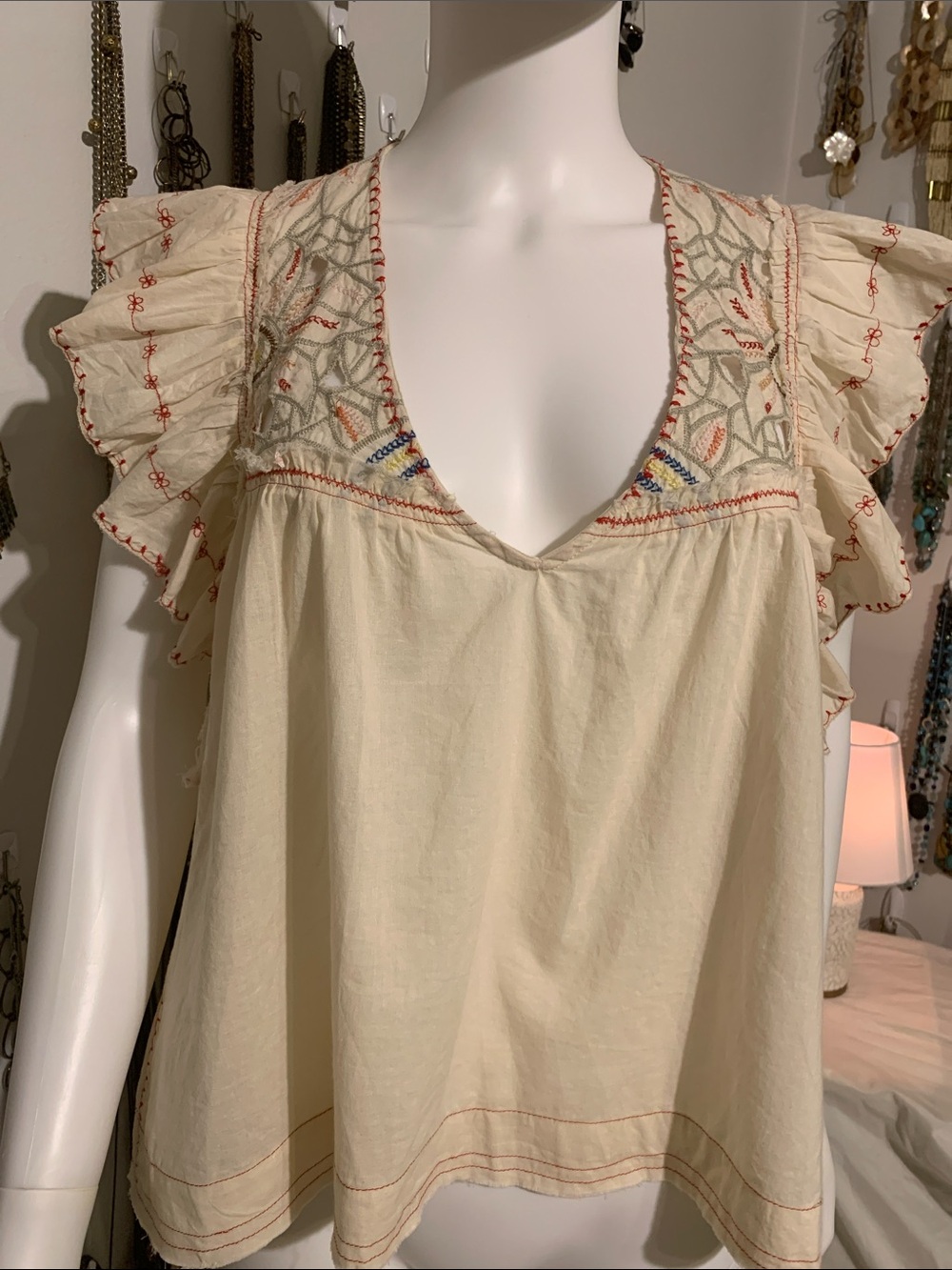 Black Label Cream Flutter Sleeve Embroidered Blouse